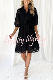 Solid Color Lace Cutout Balloon Sleeves and Waist Tie Mini Dress