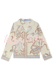 Calm Seas Line Octopus Unique Print Loose Shirt and Elastic Waist Pocketed Pajama Set