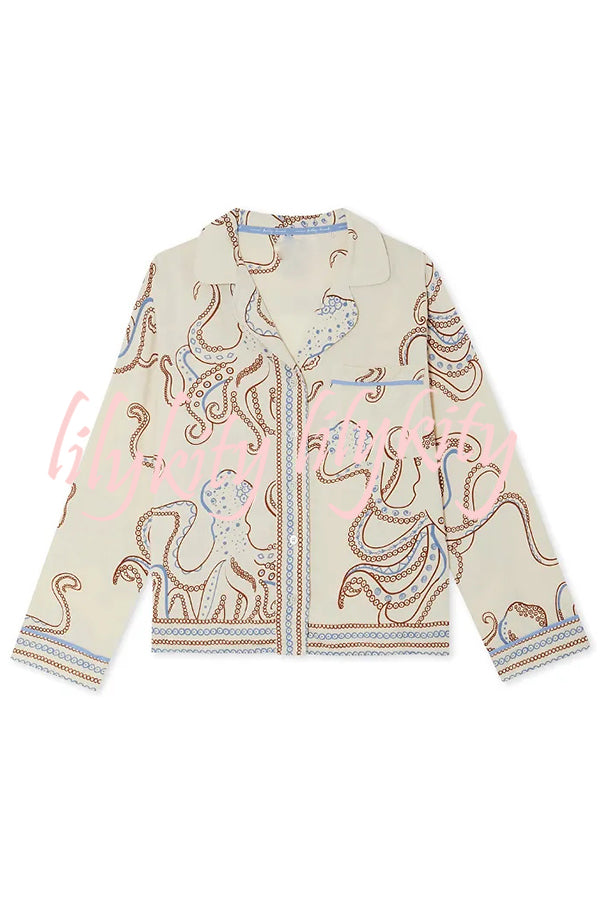 Calm Seas Line Octopus Unique Print Loose Shirt and Elastic Waist Pocketed Pajama Set