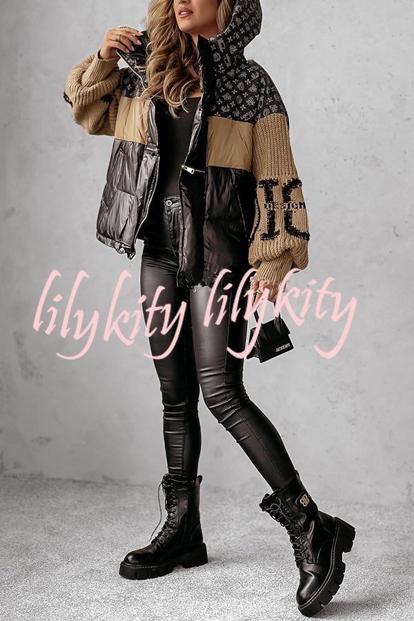 Stylish Denim Knit Long-sleeved Patchwork Hooded Pocket Thickened Jacket