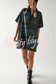 Contrast Striped Patchwork Denim Lapel Loose Casual Mini Dress