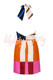 Jeniah Linen Blend Color Block Print Cross Halter Tie-up Loose Mini Dress