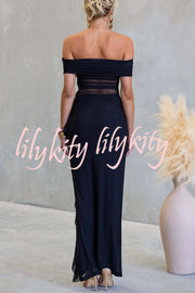 Sexy Mesh Off-shoulder Slim Fit Ruffled Slit Maxi Dress