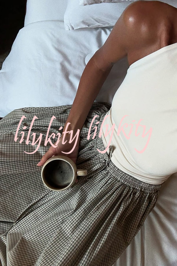 Fashion Plaid Print Elastic Waist Pocket Loose Wide-leg Pants