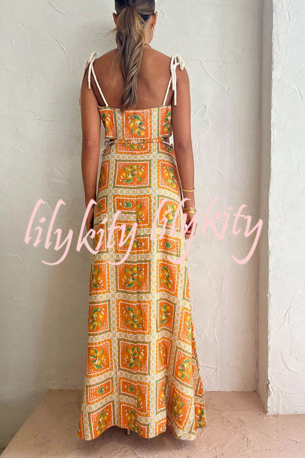 Orange Summer Printed Linen Blend Cutout Tie-up Design Maxi Dress