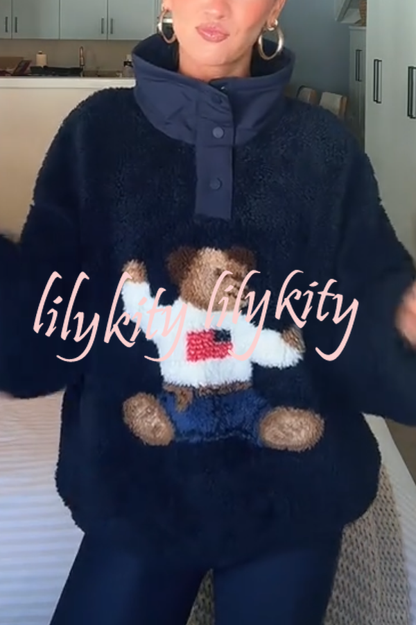 American Retro Polo Bear Pattern Stand Button Neck Long Sleeve Fleece Pullover