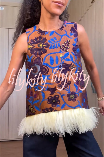 Emina Floral Feather Trim Trapezoidal Silhouette Asymmetrical Hem Top