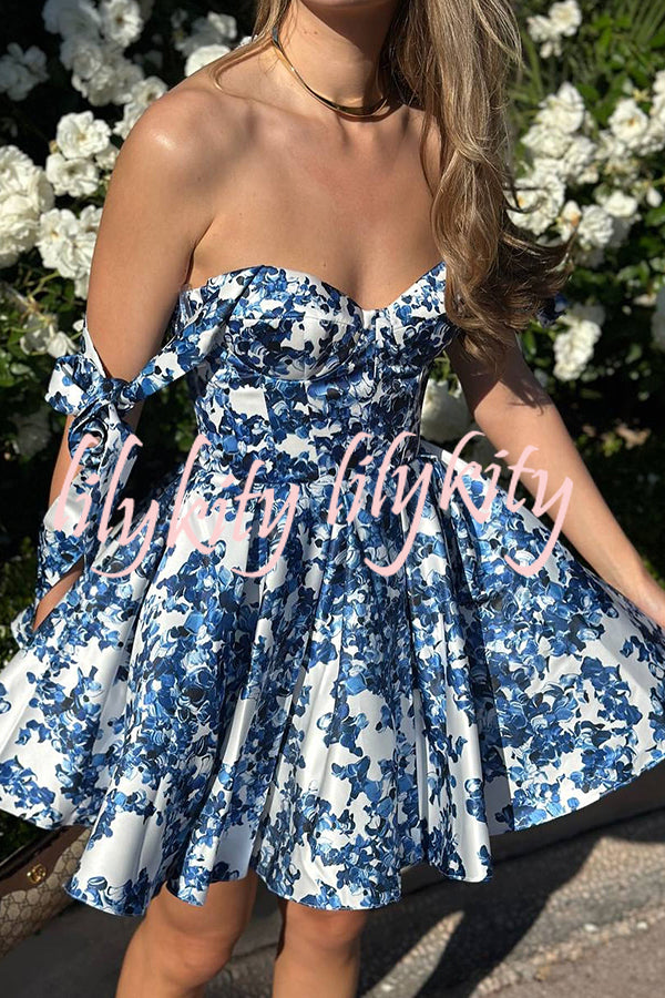 Garden of Eden Floral Print Bow Straps Princess Flared Mini Dress