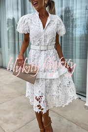 Absolutely Elegant Floral Crochet Lace Puff Sleeve Belted Shirt Midi Dress