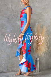 Stunning Muse Floral Print One Shoulder Irregular Ruffles Slit Maxi Dress