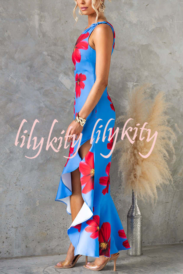 Stunning Muse Floral Print One Shoulder Irregular Ruffles Slit Maxi Dress