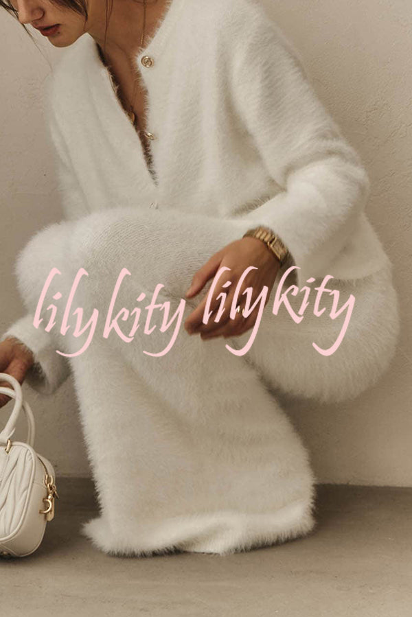 Solid Color Long-sleeved Button-pocket Knitted Jacket and Elegant Long Skirt Set