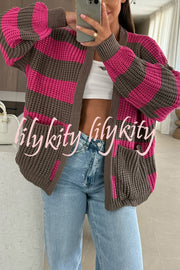 Fashionable Patchwork Striped Casual Pocket Knitted Sweater