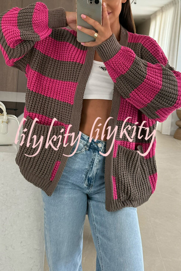 Fashionable Patchwork Striped Casual Pocket Knitted Sweater