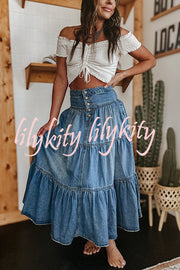 Bohemian High Rise Button Up Loose Denim Pocket Maxi Skirt