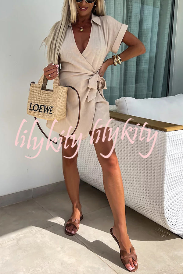 Relaxing Beach Linen Blend Solid Color Wrap Loose Shirt Romper