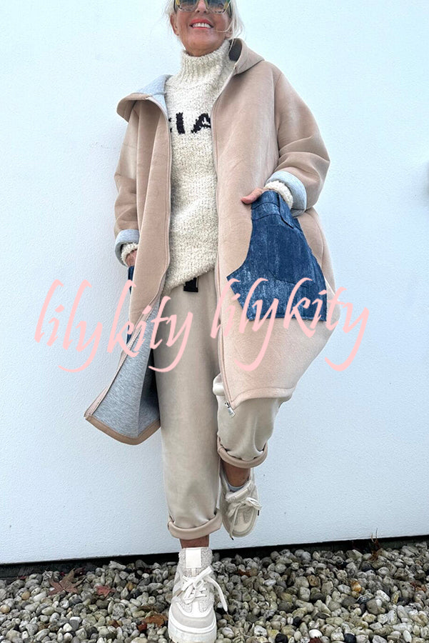 Soft and Warm Zipper Denim Pocket Long Sleeve Hooded Midi Sweatshirt Coat