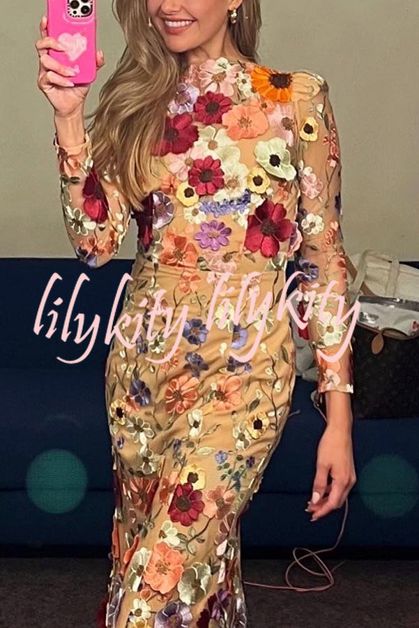 Dignified and Refined Charm Embroidered Floral Applique Long Sleeve Fish Tail Midi Dress