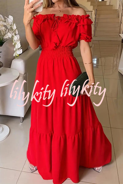 Admit Your Feelings Off Shoulder Smocked Waist Maxi Dress