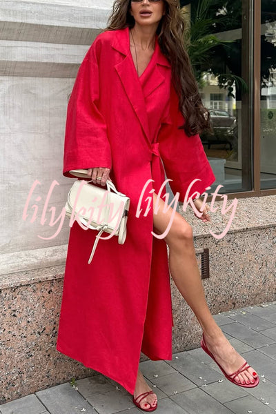 Linen Blend Solid Color Casual Lapel Tie Loose Maxi Dress