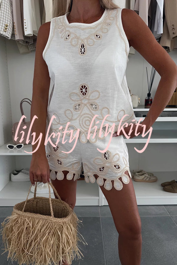 Angie Embroidery Cut-out Sleeveless Top and Elastic Waist Loose Shorts Set