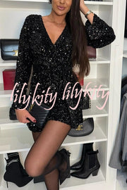 Dancing Queen Sequin Long Bell Sleeve Elastic Waist Tie-up Loose Romper