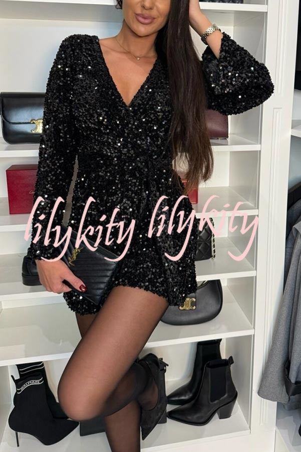 Dancing Queen Sequin Long Bell Sleeve Elastic Waist Tie-up Loose Romper