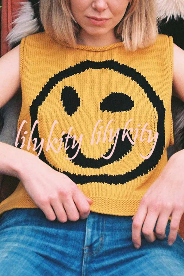 Always Happy Face Knit Unique Pattern Versatile Loose Tank Top