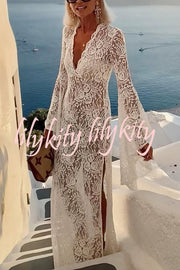 Dream Love Floral Lace Bell Sleeve V-neck Slit Maxi Dress
