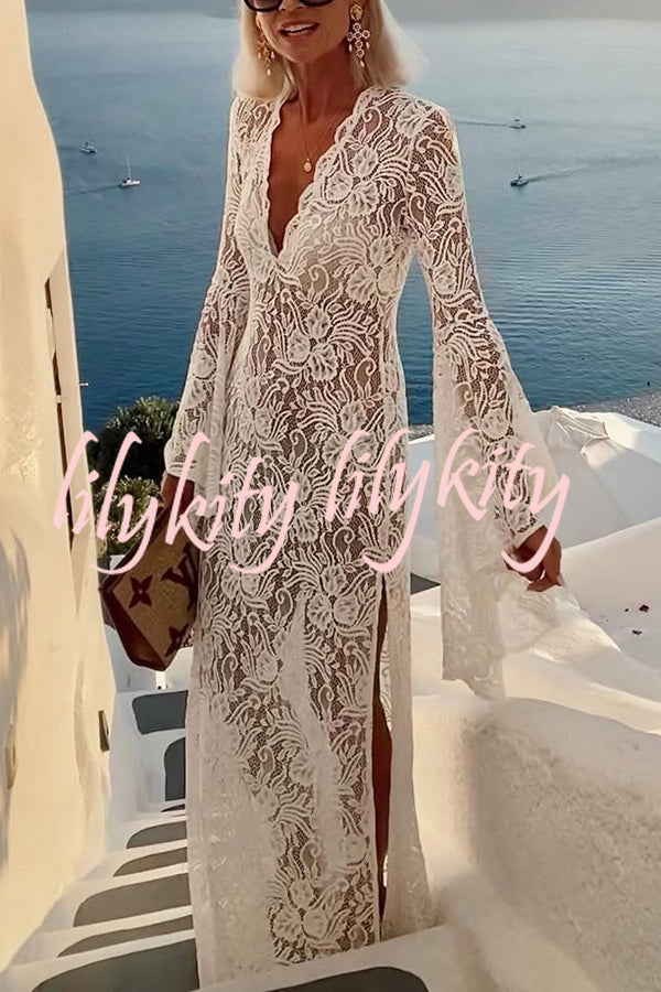 Dream Love Floral Lace Bell Sleeve V-neck Slit Maxi Dress