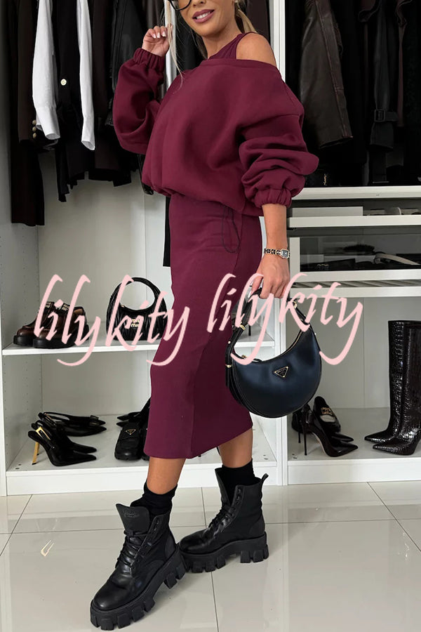 Lifestyle Wide Neck Relaxed Sweatshirt and Ribbed Tank Stretch Midi Dress Set