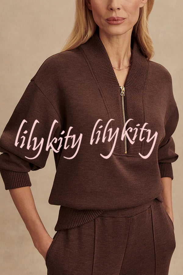 Meet The Autumn Ribbed Zipper Neck Sweatshirt and Elastic Waist Pocketed Loose Pants Set