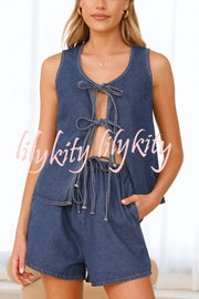 Solid Color Sleeveless Tie Top and Elastic Waist Loose Pocket Denim Shorts Set