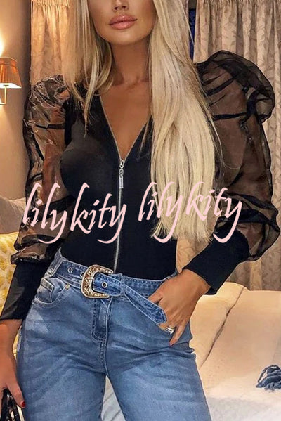 Solid Color Zip Front Sheer Puff Sleeves Bodysuit