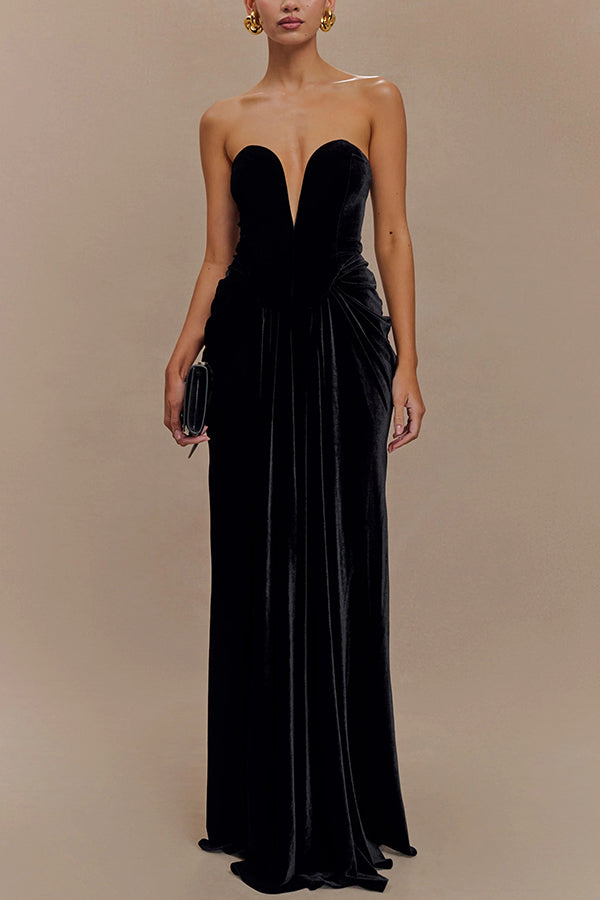 Paige Velvet Off Shoulder Side Pleated Hip Drape Maxi Dress