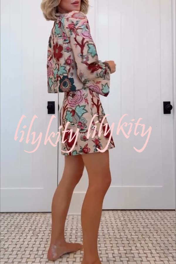 Autumn Garden Printed V-neck Long Bell Sleeve Top and Mid Rise Skirt Set