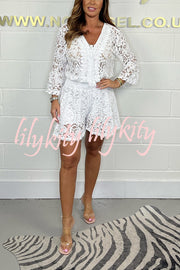 Emilee Lace Tie Neck Bell Sleeve Top and Elastic Waist Loose Shorts Set