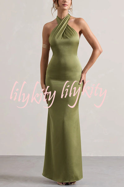 Solid Color Halter Neck Tie Sexy Backless Slim Maxi Dress