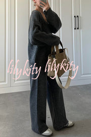 Solid Color V-neck Tie Long-sleeved Loose Knit Cardigan and Elastic Waist Casual Straight Leg Pants Set