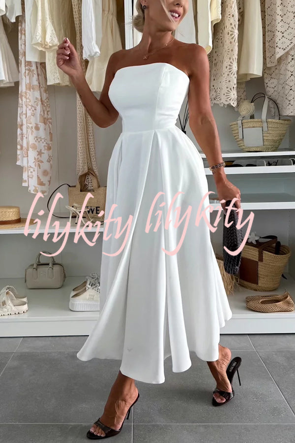 Sweet Cascade Solid Color Off Shoulder Pocket Full Hem Midi Dress