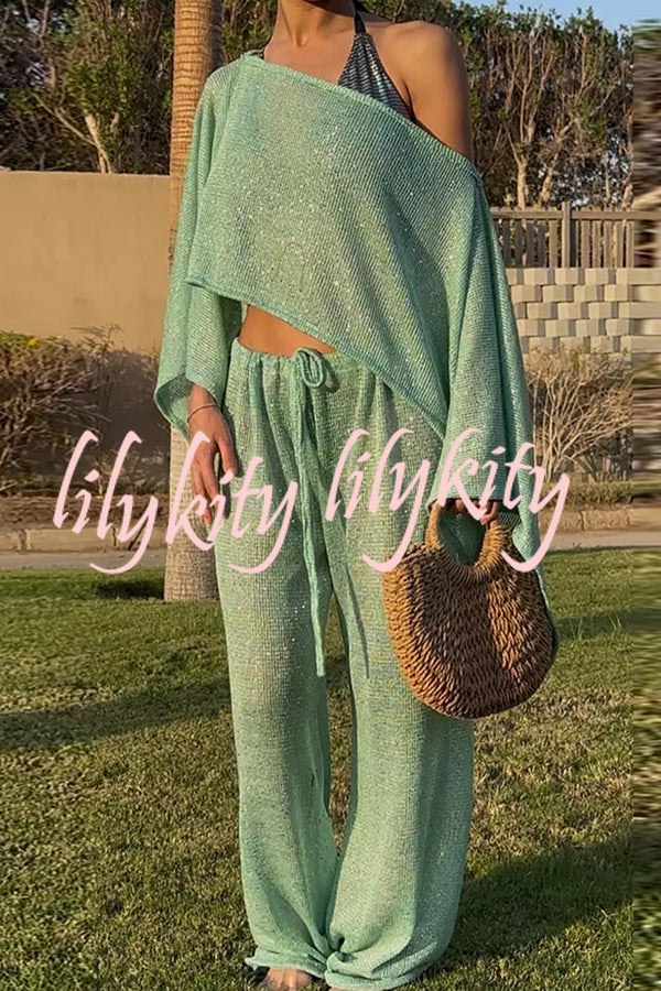 Vacation Knit Shiny Fabric Batwing Sleeve Cape Top and Cover-up Elastic Waist Loose Pants Set