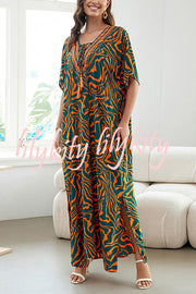 Floral Print V-Neck Lace-Up Loose Holiday Cover-Up Maxi Dress