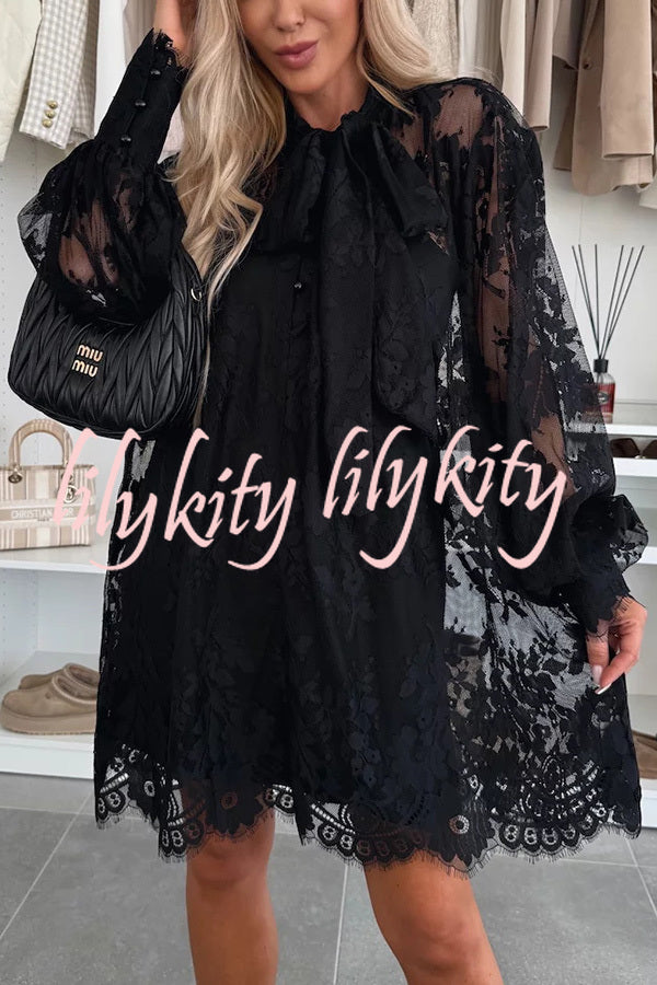 Night Rose Lace Bow Neck Long Balloon Sleeve A-line Mini Dress