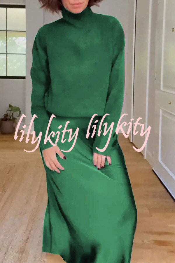 Jaelyn Solid Color Turtleneck Long Sleeve Sweater and Satin Elastic Waist Maxi Skirt Set