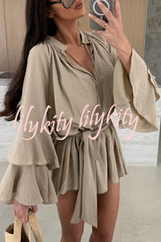 Molly Linen Blend Tiered Bell Sleeve Tie-up Cover-up Mini Dress