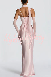 Calanthe Satin Square Neck Ruched Back Lace-up Drape Mesh Scarf Maxi Dress