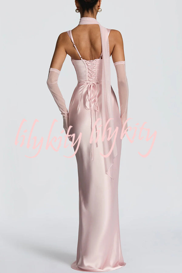 Calanthe Satin Square Neck Ruched Back Lace-up Drape Mesh Scarf Maxi Dress