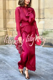 Lily Chiffon Bow Detail Puff Sleeve Blouse and Elegant Layered Maxi Skirt Set
