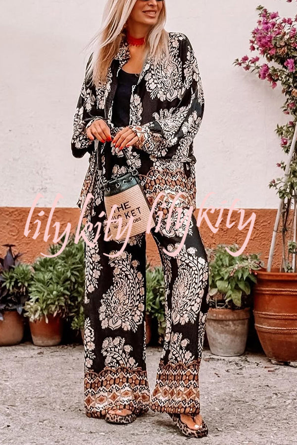 Unique Ethnic Print Loose Long-sleeved Shirt and Elastic Waist Pocket Straight Pants Set