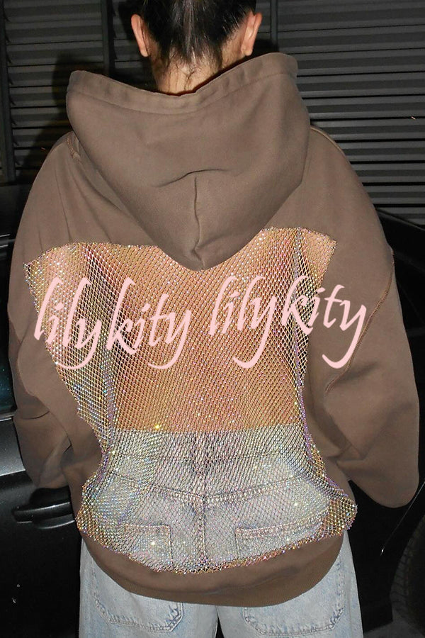 Fashionable Shiny Mesh Hollow Back Loose Long-sleeved Hooded Sweatshirt